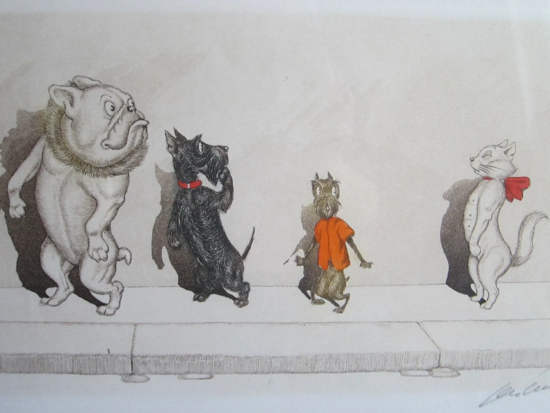 1930's signed Boris O Klein Canine Hand Colored Print 'Etourdie'