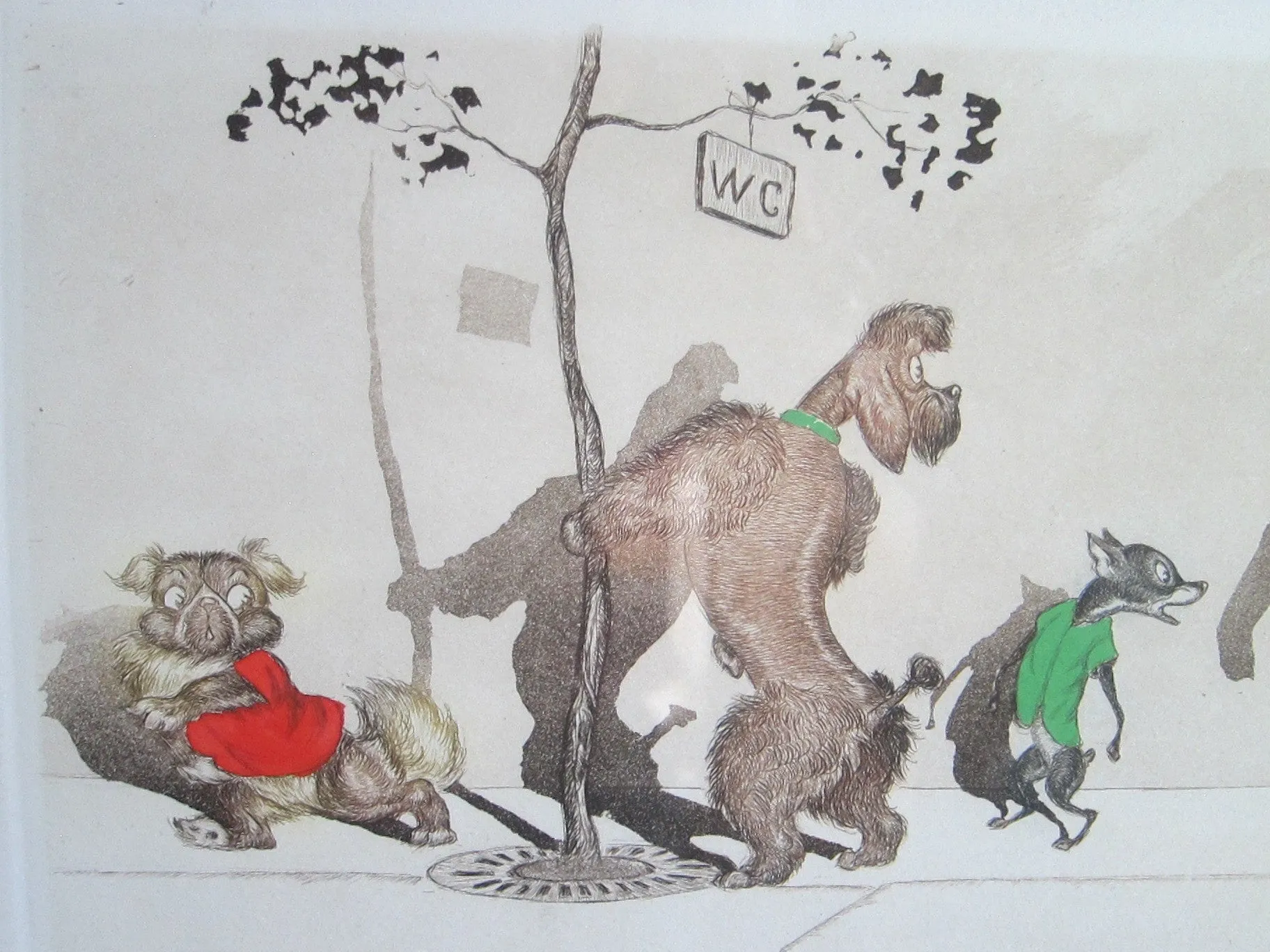 1930's signed Boris O Klein Canine Hand Colored Print 'Etourdie'