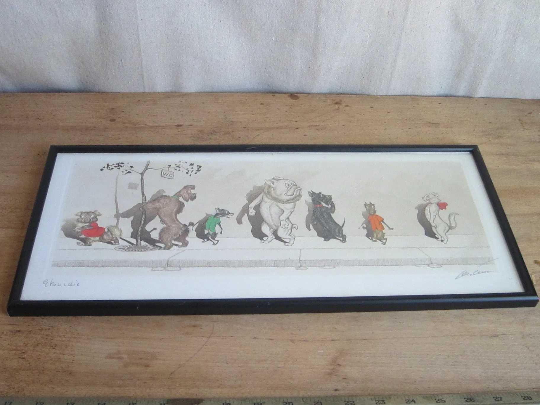 1930's signed Boris O Klein Canine Hand Colored Print 'Etourdie'