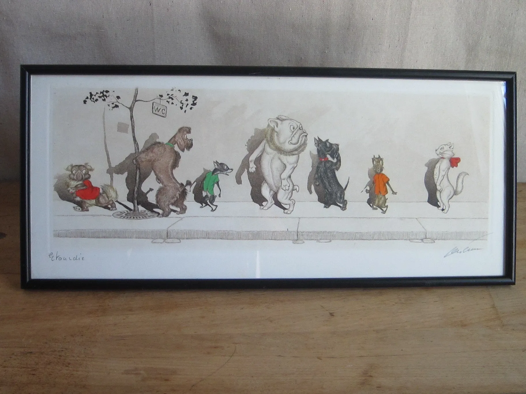 1930's signed Boris O Klein Canine Hand Colored Print 'Etourdie'