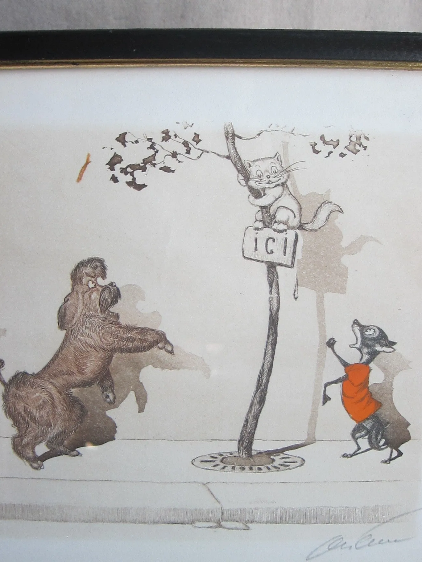 1930's signed Boris O Klein Canine Hand Colored Print - 'Le Malentendu'