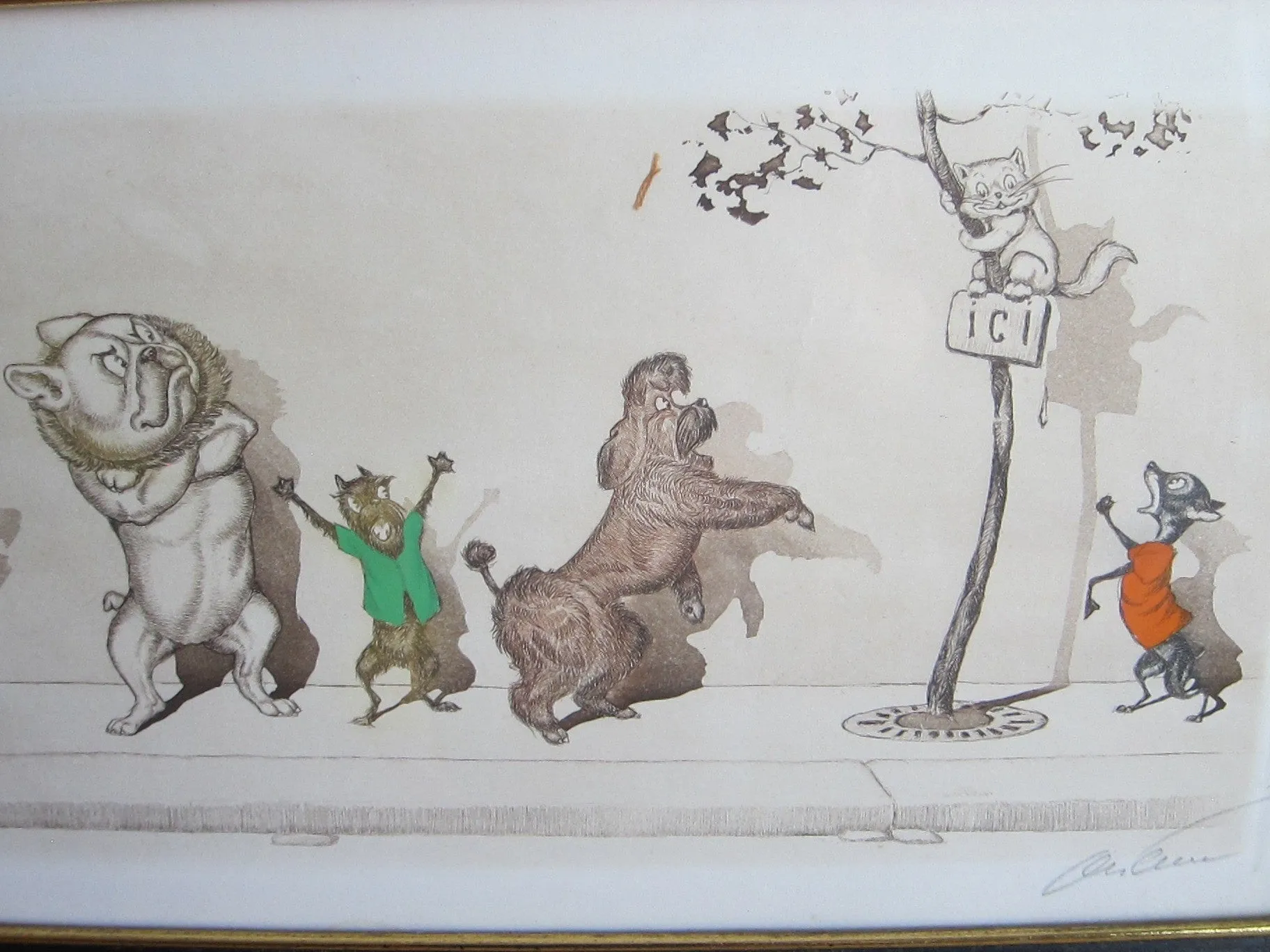 1930's signed Boris O Klein Canine Hand Colored Print - 'Le Malentendu'