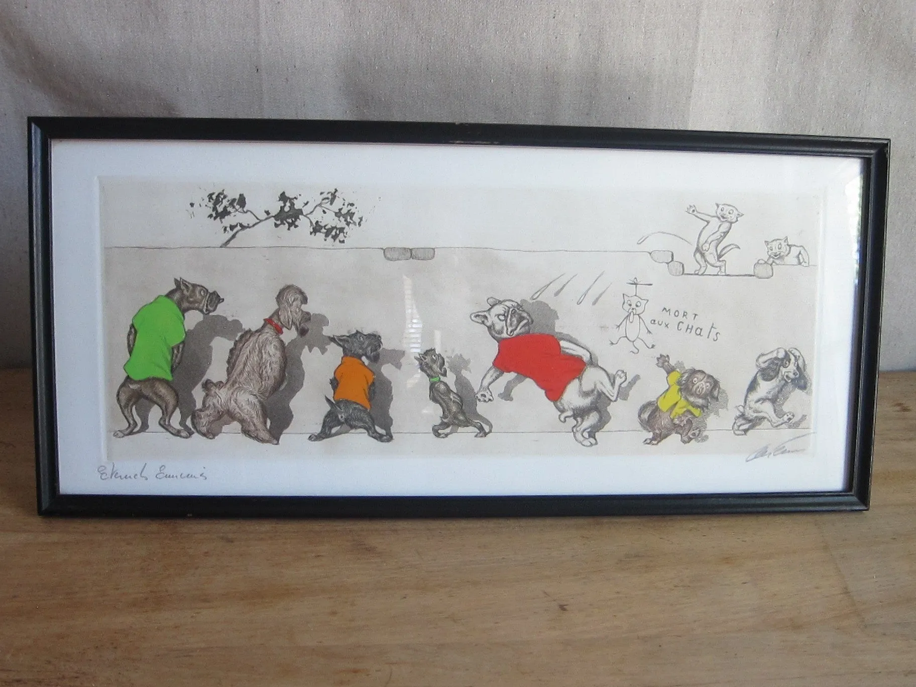 1930's signed Boris O Klein Canine Hand Colored Print - "Eternels Ennemis"