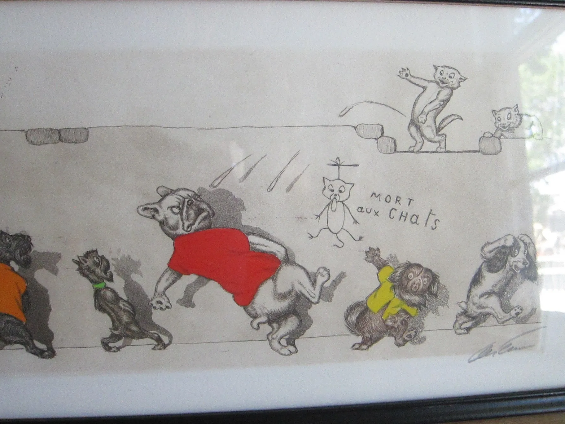 1930's signed Boris O Klein Canine Hand Colored Print - "Eternels Ennemis"