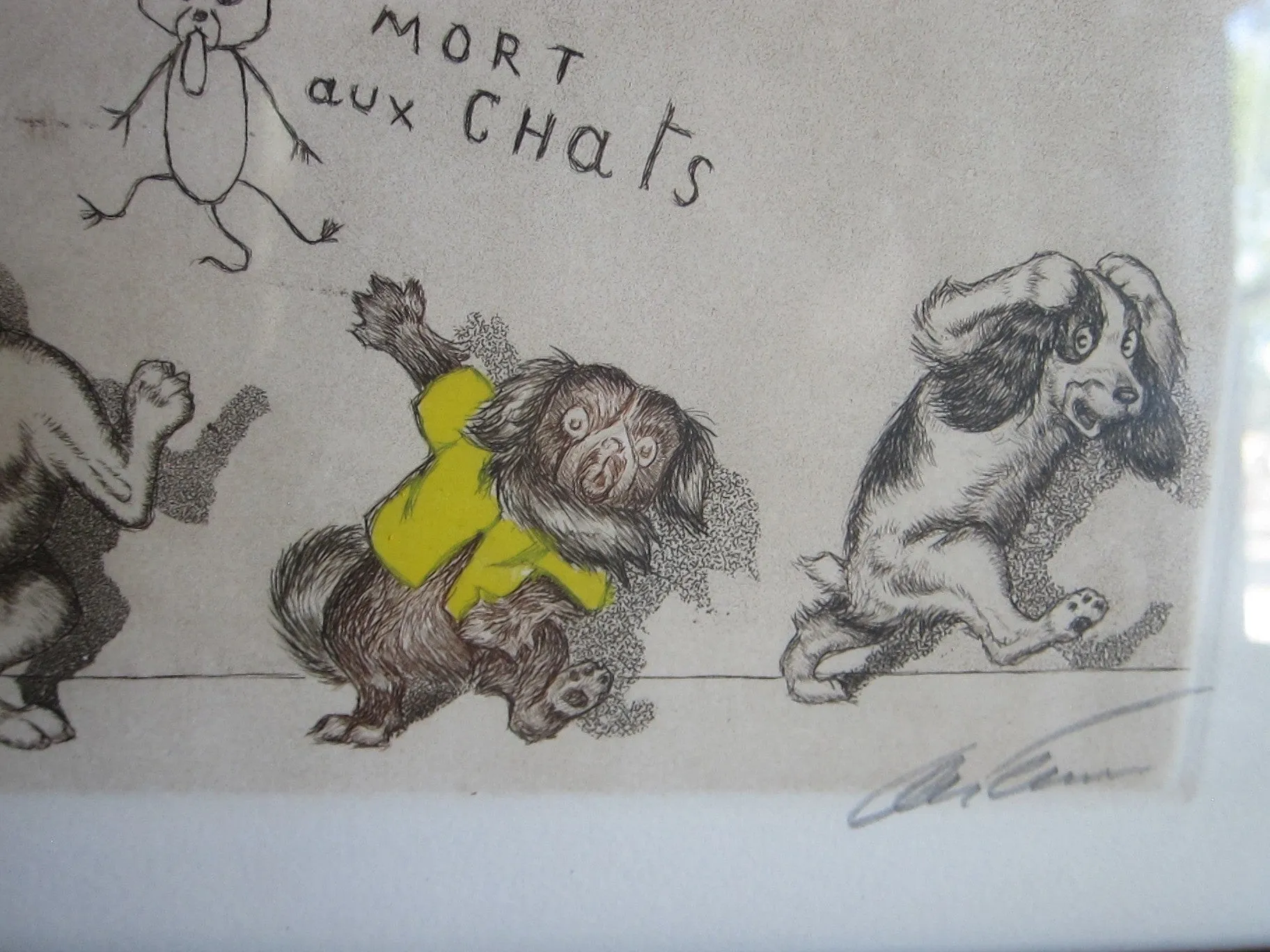 1930's signed Boris O Klein Canine Hand Colored Print - "Eternels Ennemis"