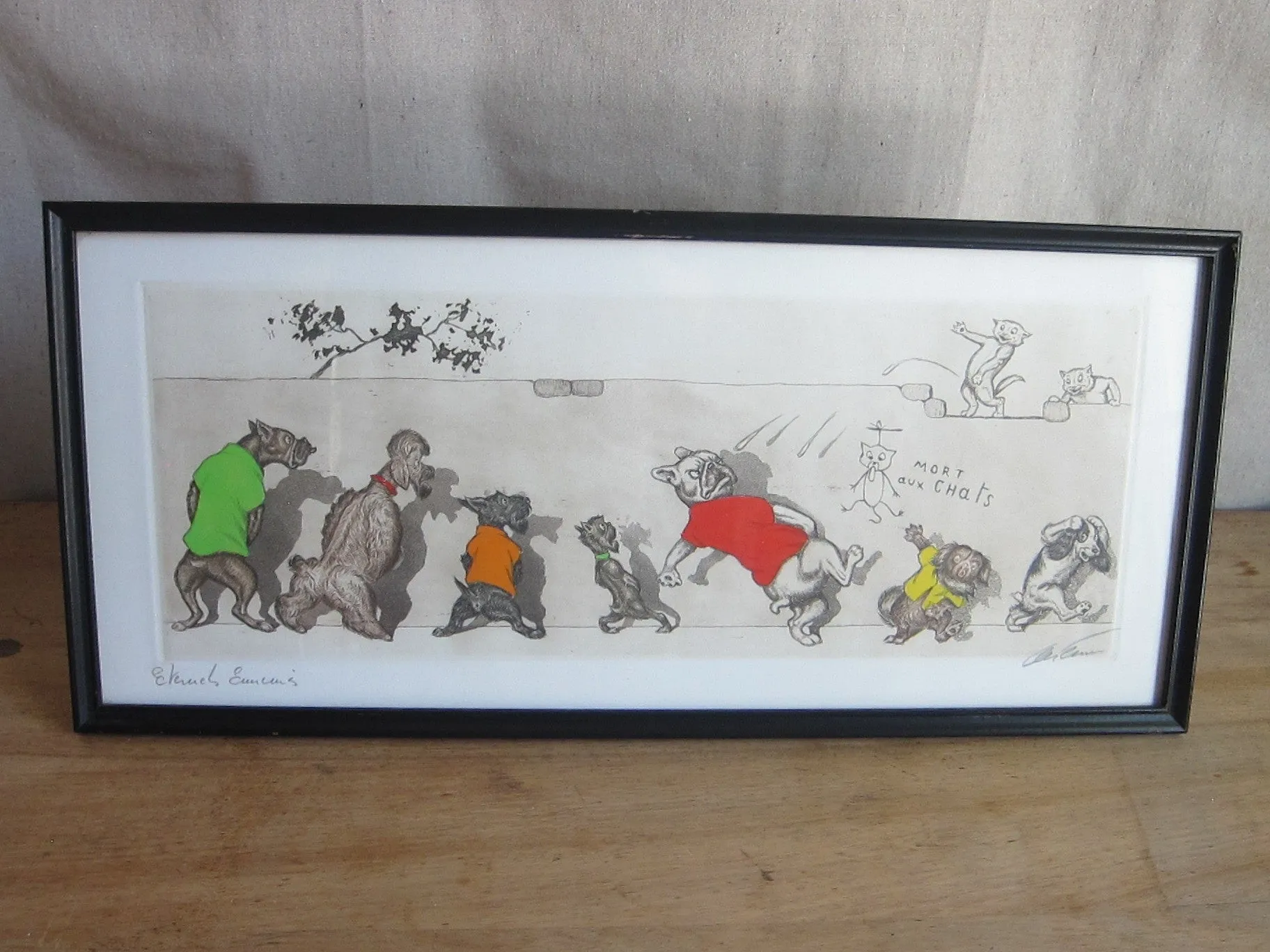 1930's signed Boris O Klein Canine Hand Colored Print - "Eternels Ennemis"