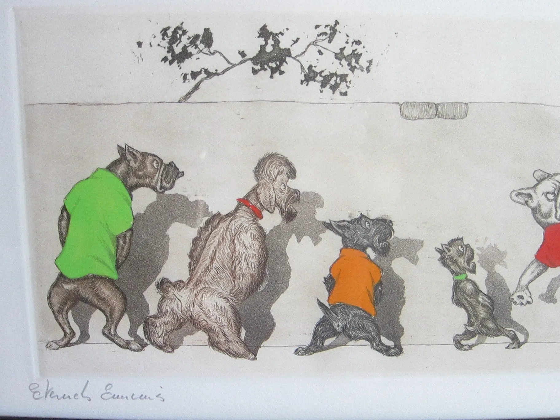 1930's signed Boris O Klein Canine Hand Colored Print - "Eternels Ennemis"