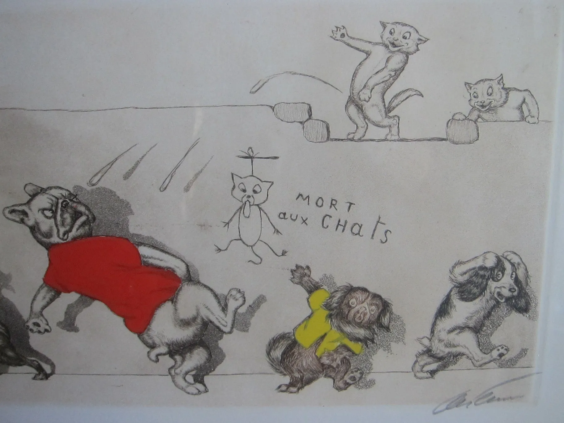 1930's signed Boris O Klein Canine Hand Colored Print - "Eternels Ennemis"