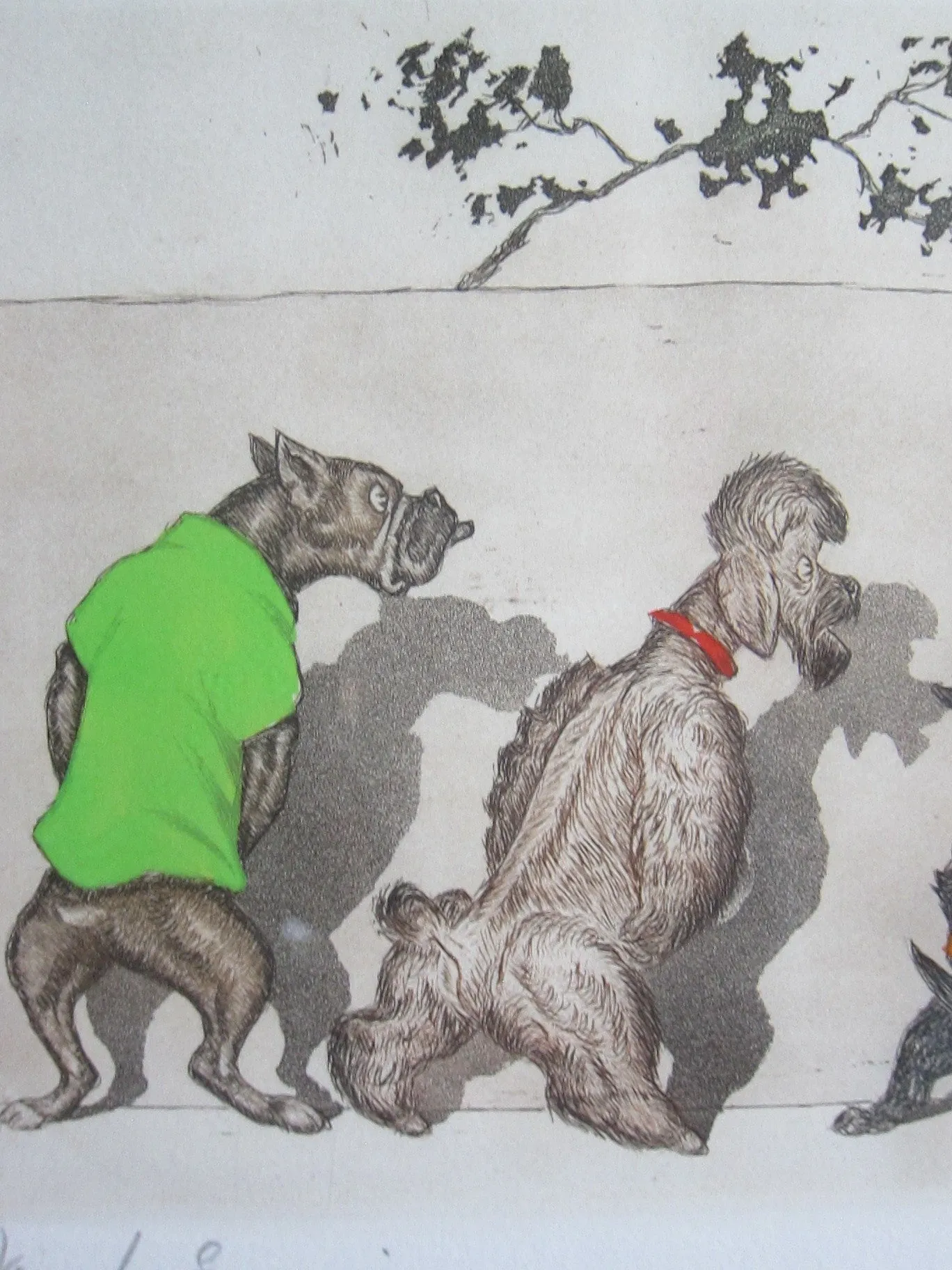 1930's signed Boris O Klein Canine Hand Colored Print - "Eternels Ennemis"