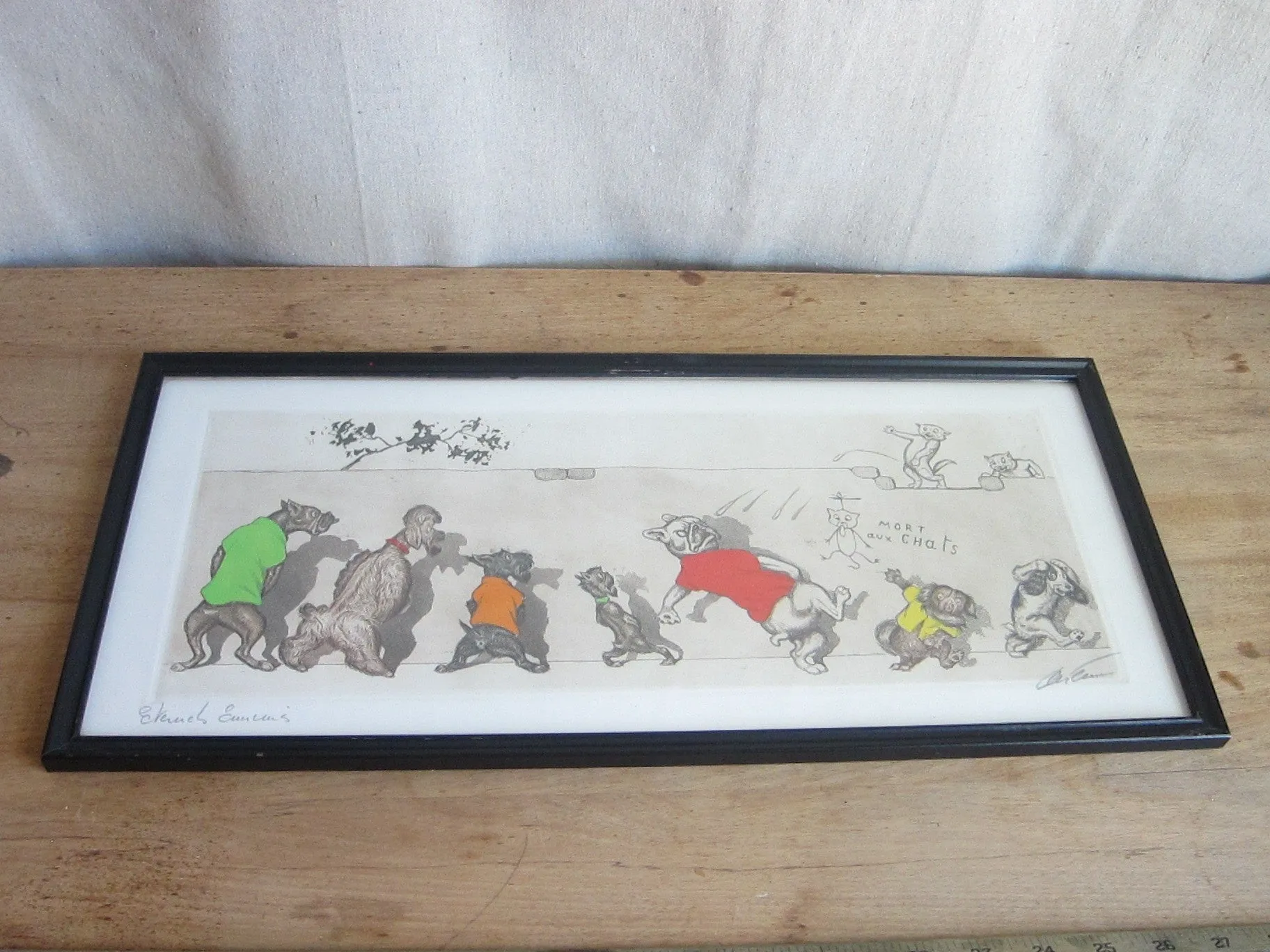 1930's signed Boris O Klein Canine Hand Colored Print - "Eternels Ennemis"