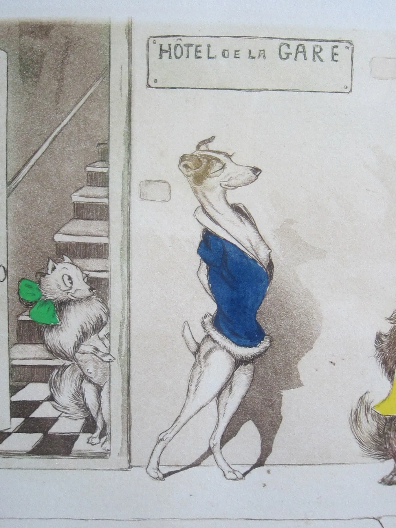 1930's signed Boris O Klein Canine Hand Colored Print - 'Tu Viens Beau Blond'