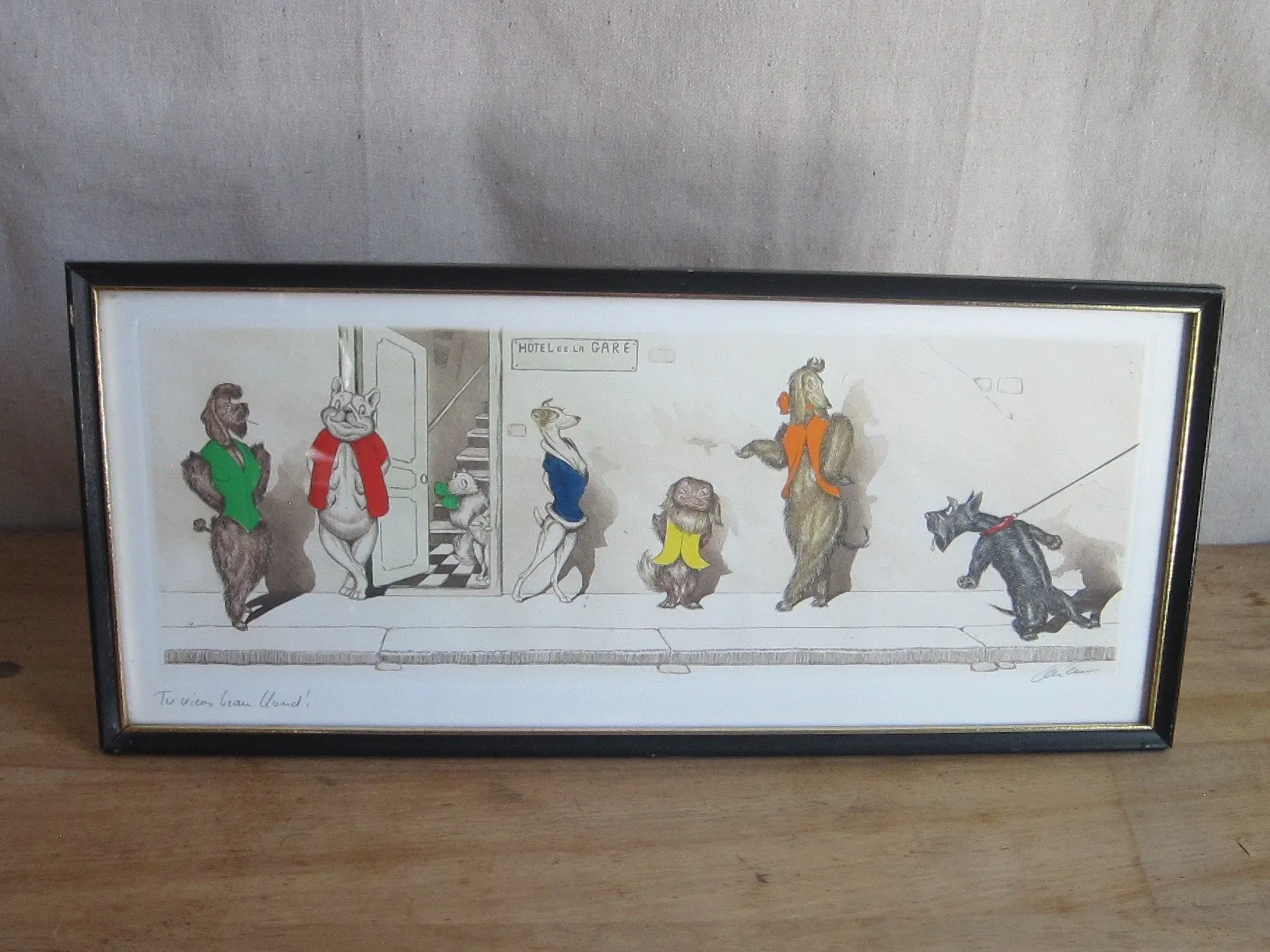 1930's signed Boris O Klein Canine Hand Colored Print - 'Tu Viens Beau Blond'