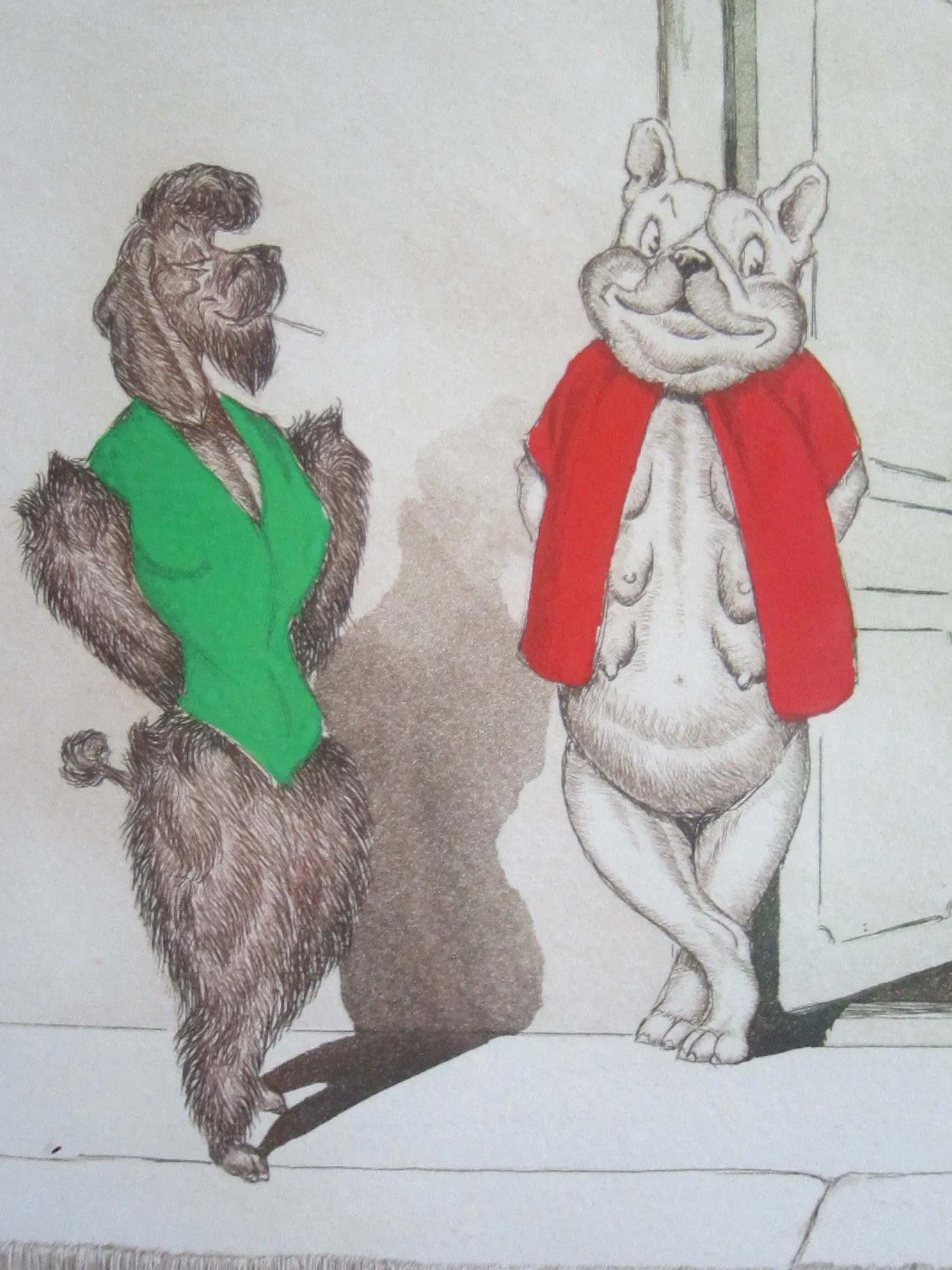 1930's signed Boris O Klein Canine Hand Colored Print - 'Tu Viens Beau Blond'