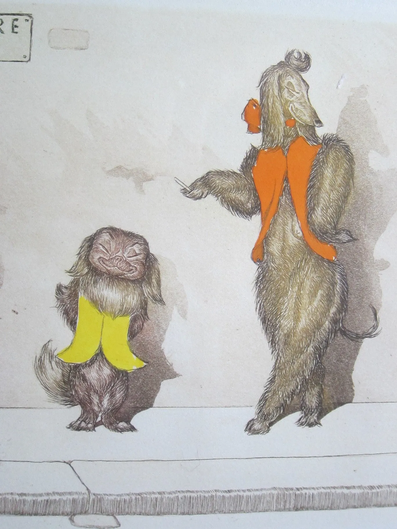 1930's signed Boris O Klein Canine Hand Colored Print - 'Tu Viens Beau Blond'