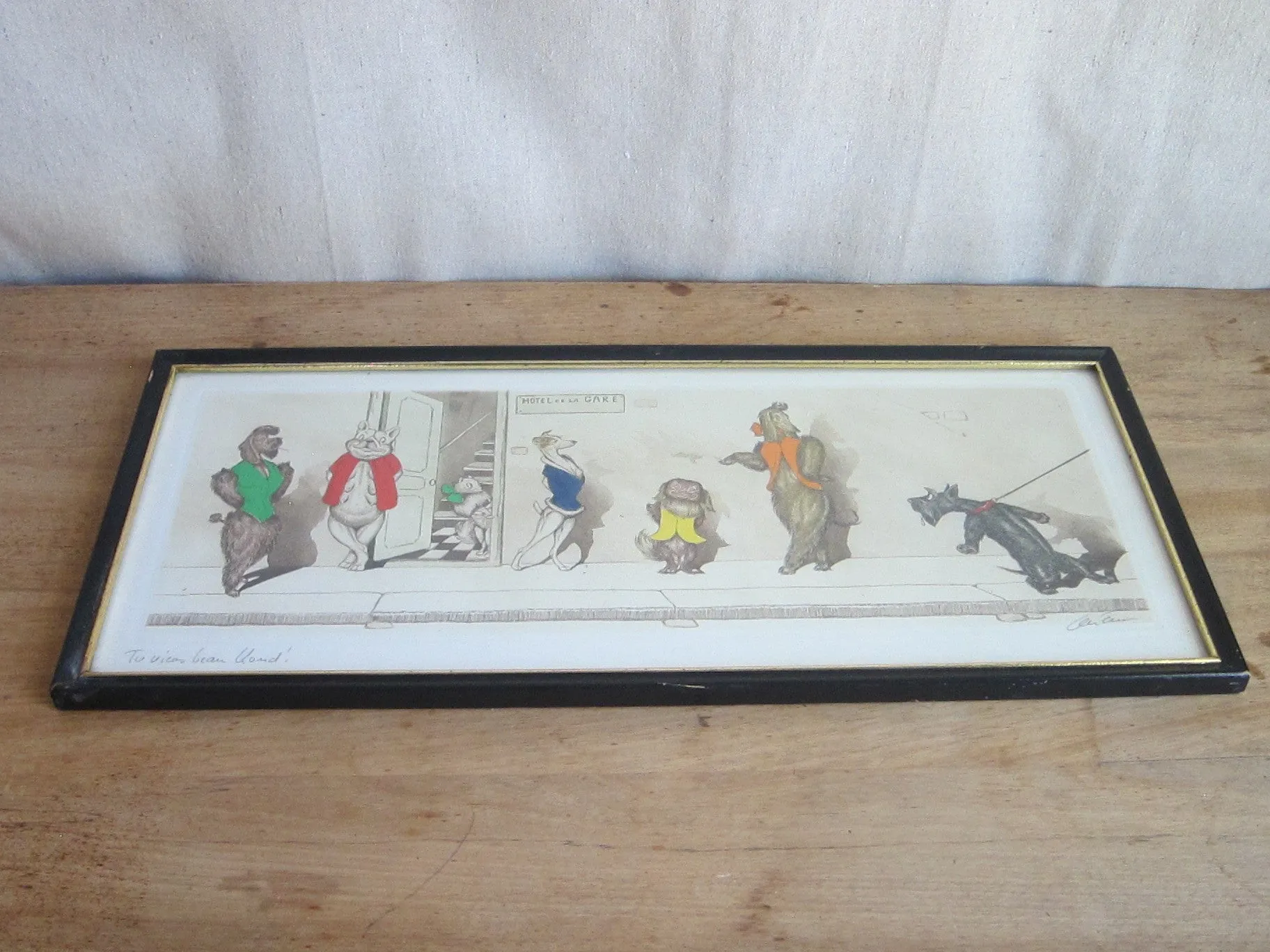 1930's signed Boris O Klein Canine Hand Colored Print - 'Tu Viens Beau Blond'