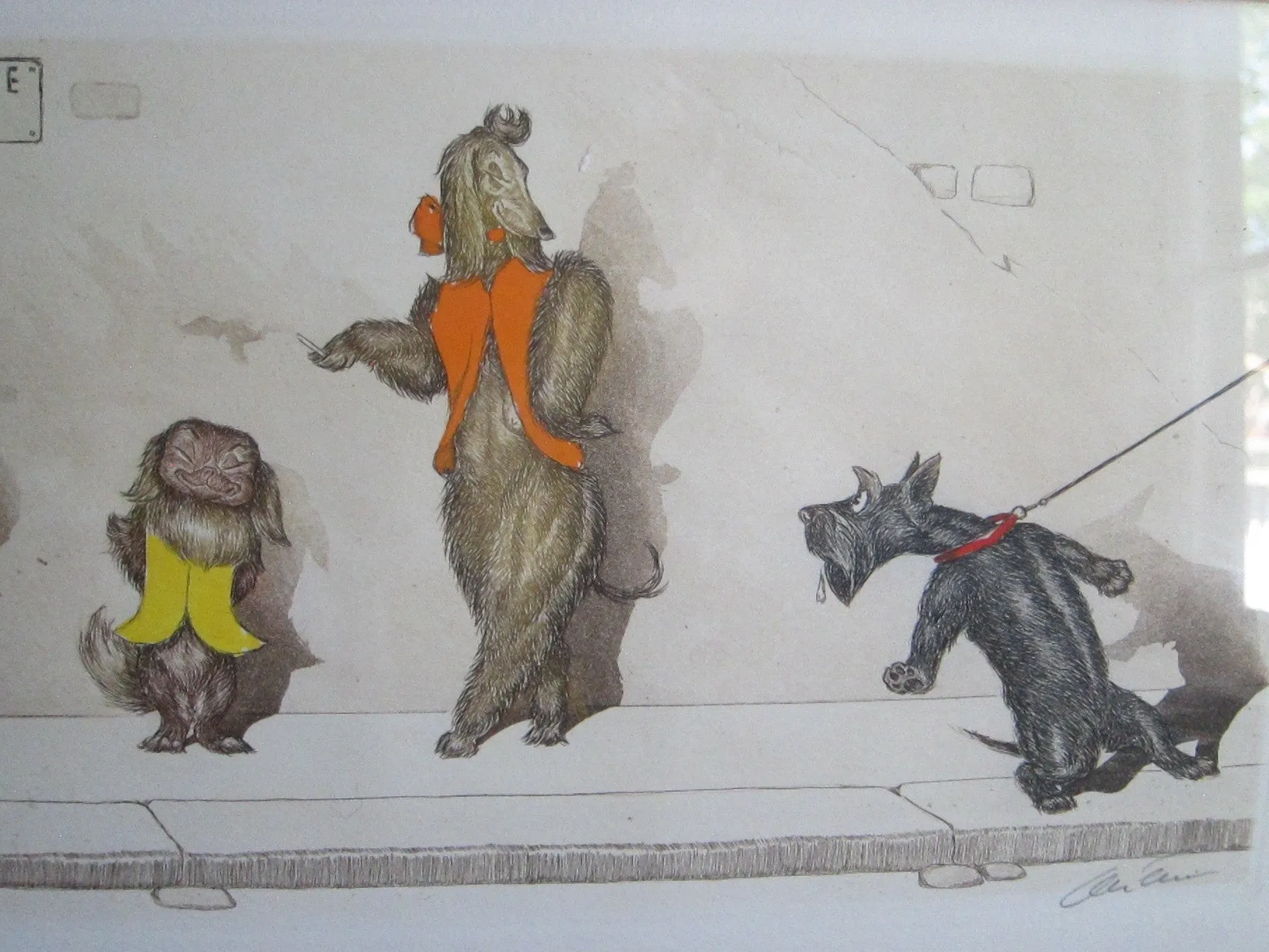 1930's signed Boris O Klein Canine Hand Colored Print - 'Tu Viens Beau Blond'