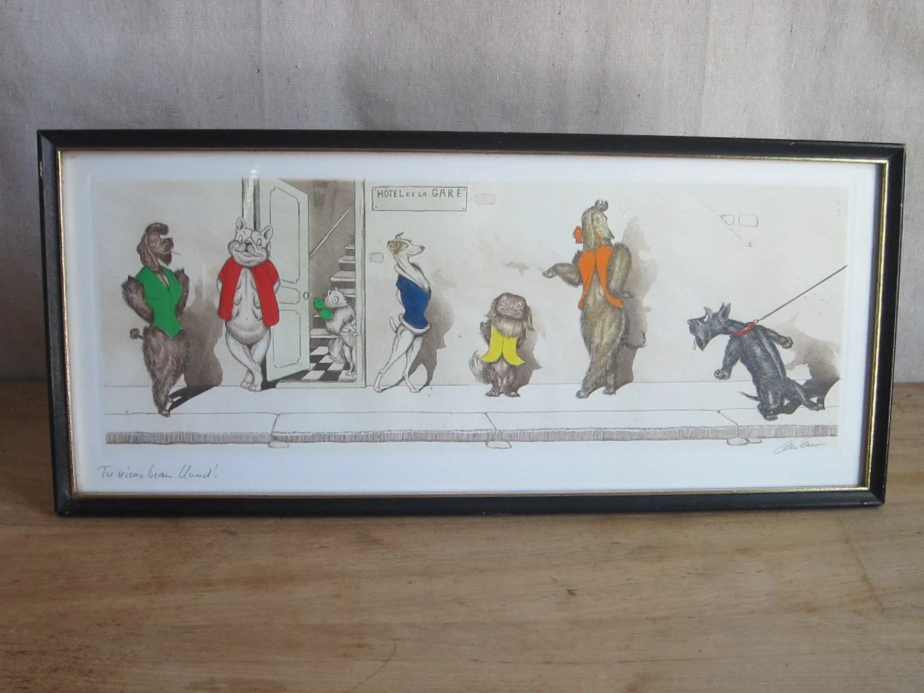 1930's signed Boris O Klein Canine Hand Colored Print - 'Tu Viens Beau Blond'