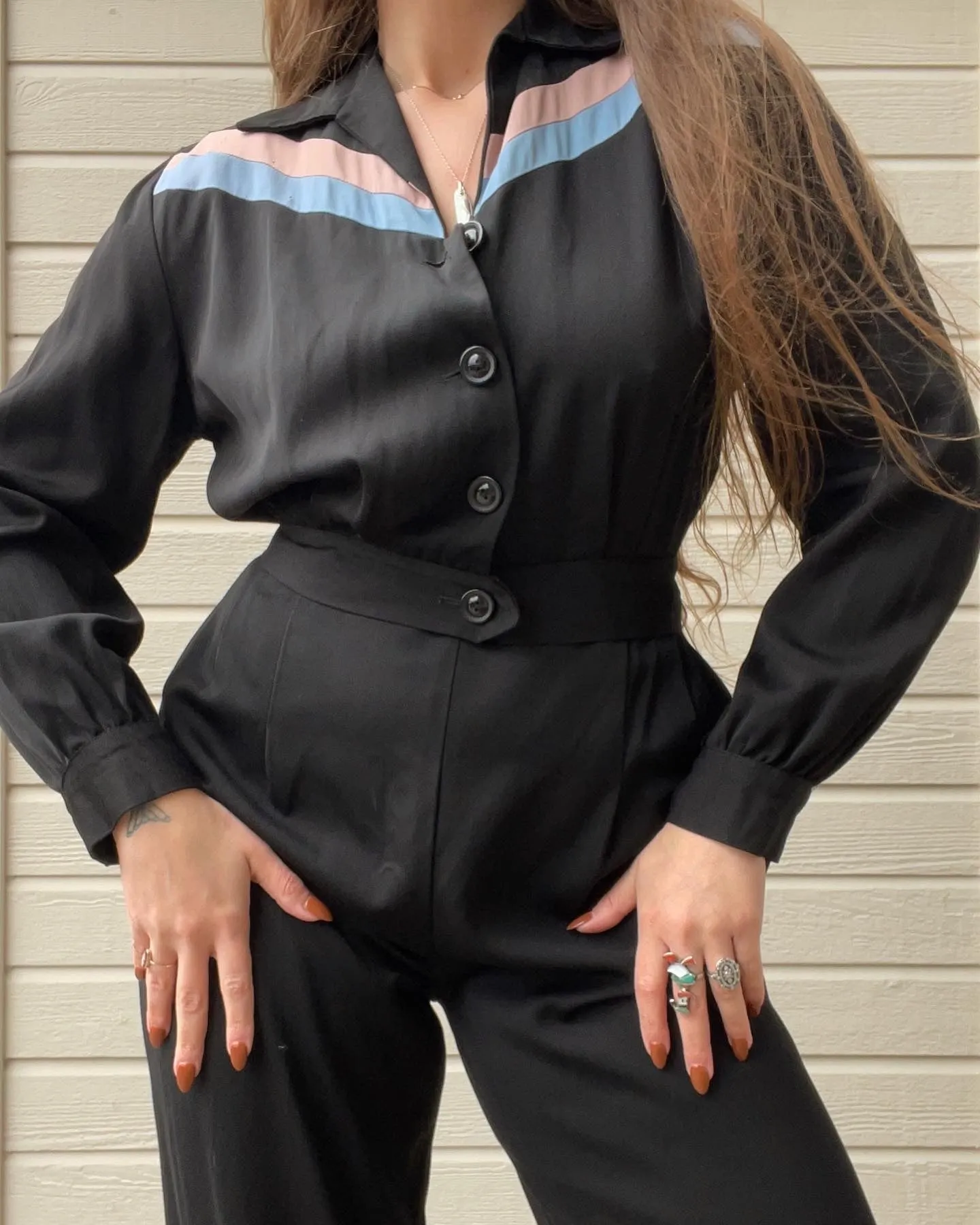 1940s DEADSTOCK Pastel Chevron Stripe Gabardine Sportswear Pant Suit Set