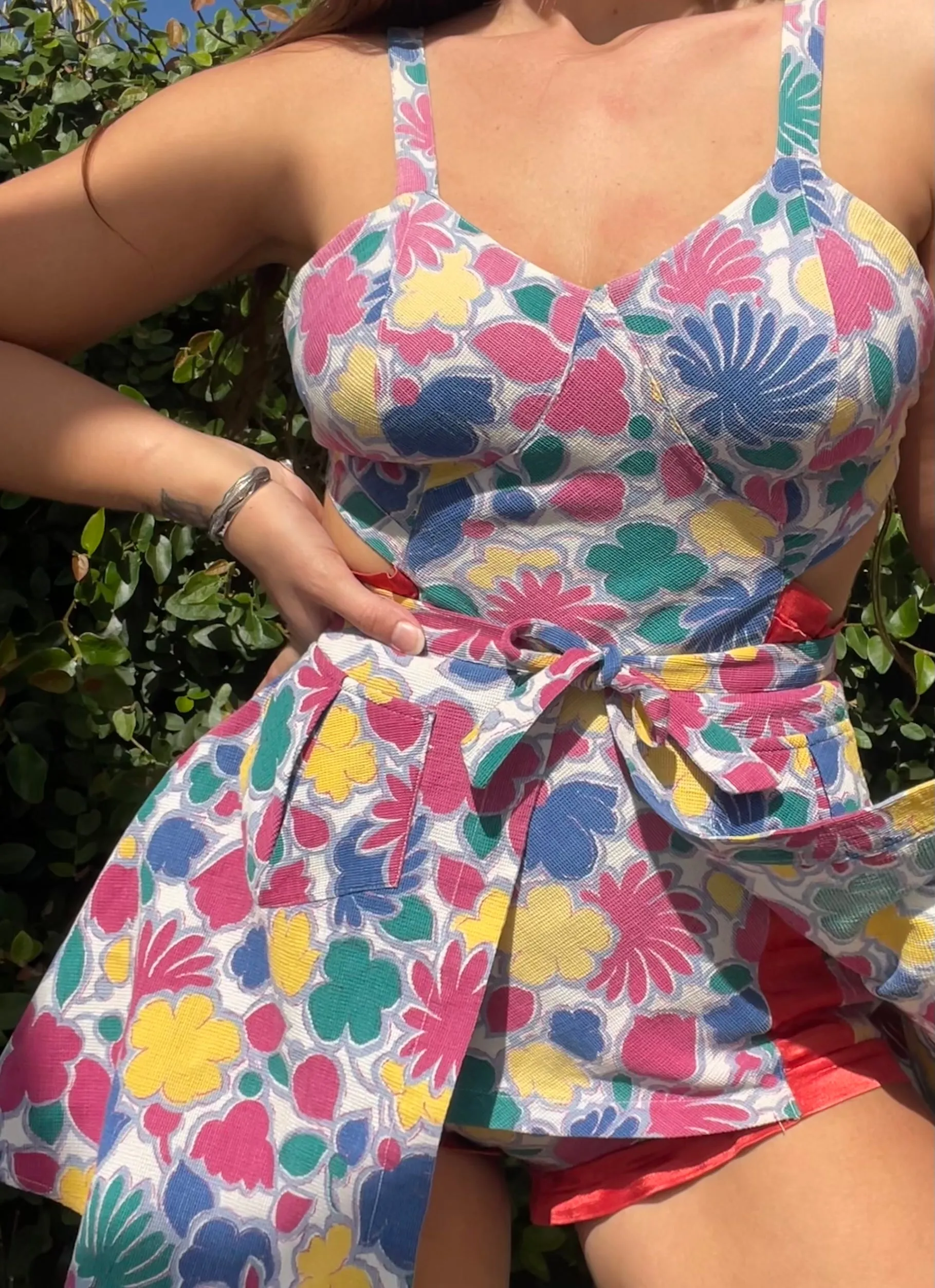 1940s Two Piece Waffled Cotton Rayon Satin Swim/Play-Suit With Skirt