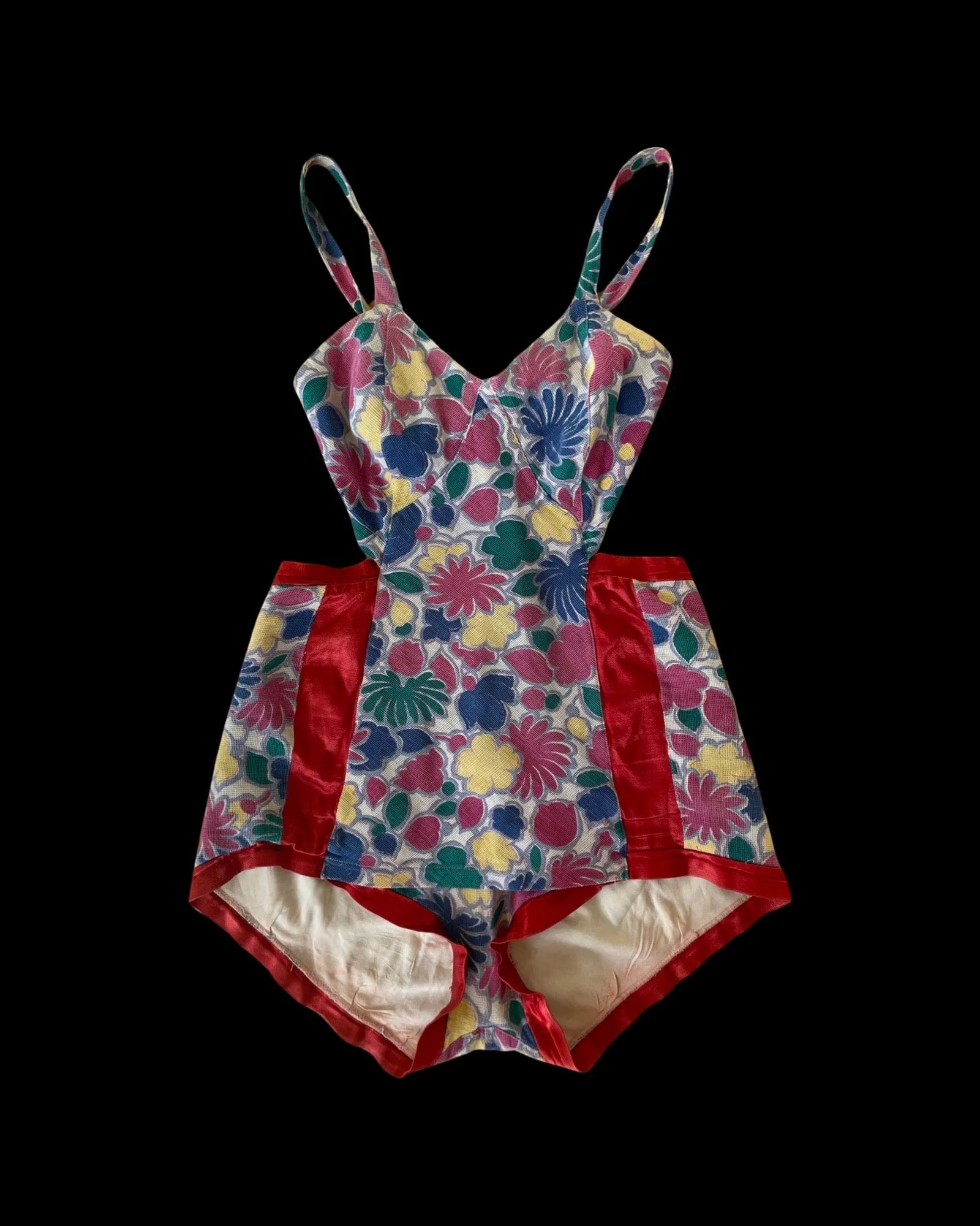 1940s Two Piece Waffled Cotton Rayon Satin Swim/Play-Suit With Skirt