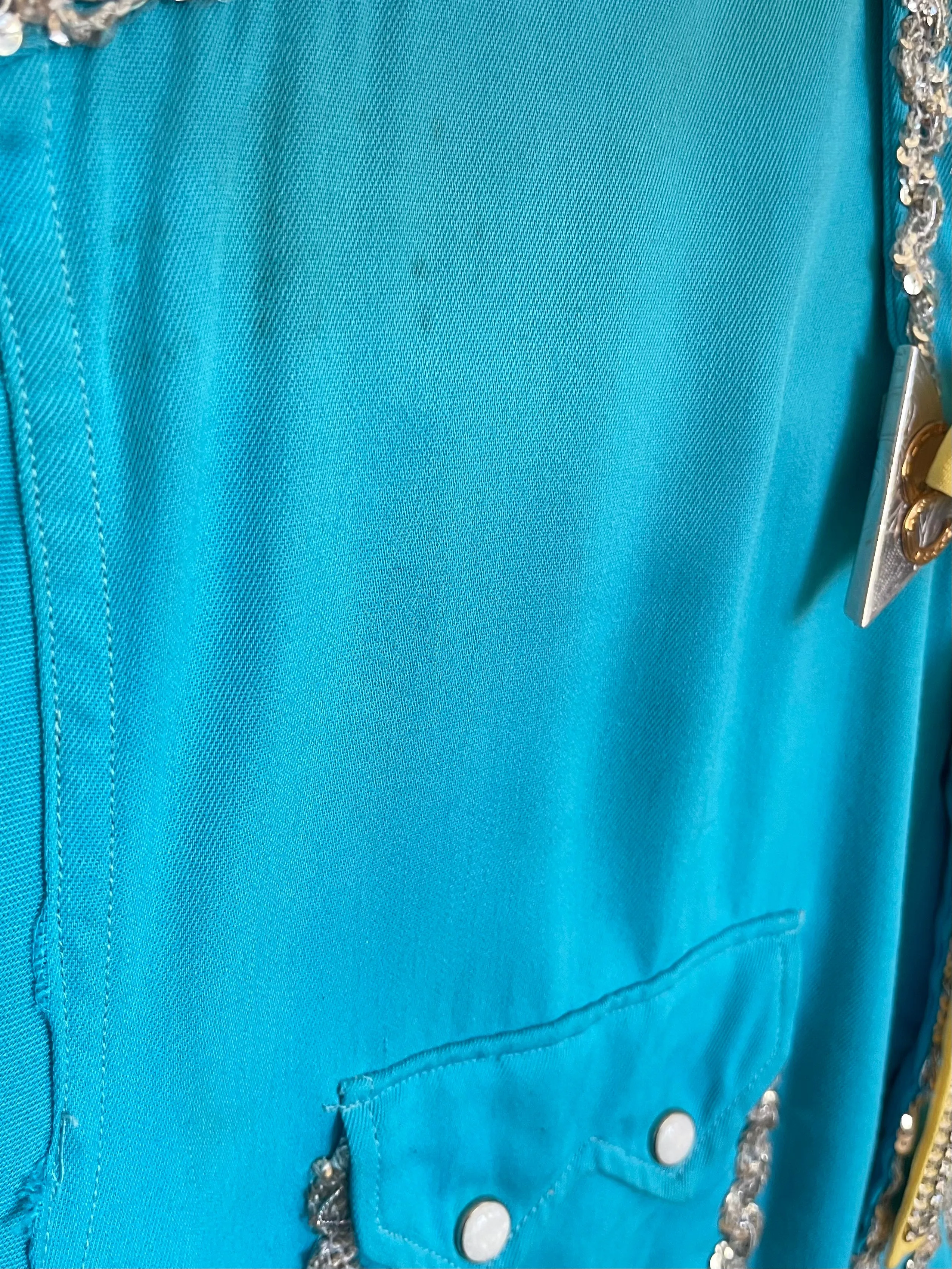 1950s Lee 101 Electric Turquoise Sequin Embellished Western Two Piece Suit W* Bow Clip