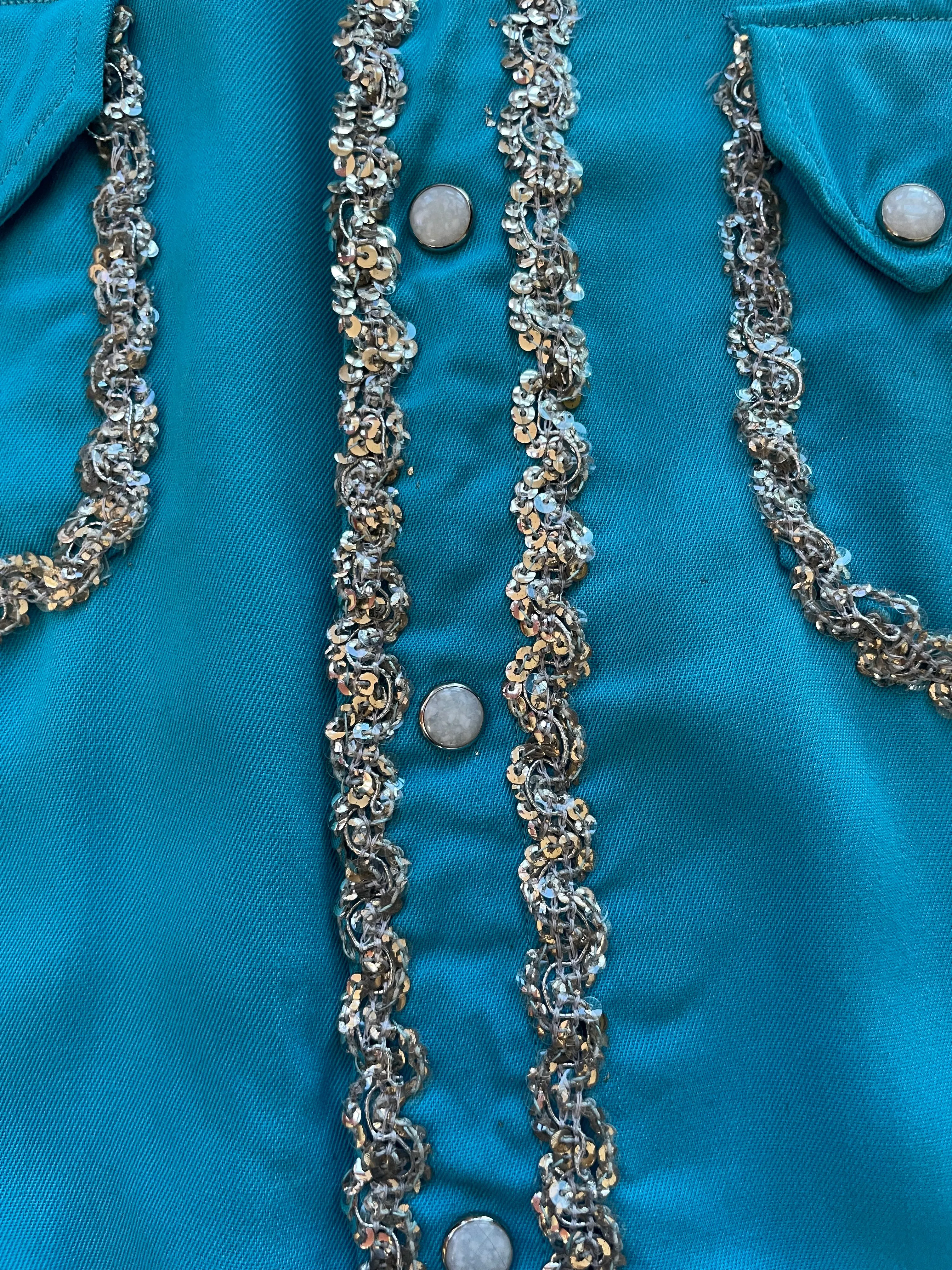 1950s Lee 101 Electric Turquoise Sequin Embellished Western Two Piece Suit W* Bow Clip