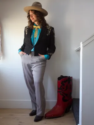 1950s Lee 101 Electric Turquoise Sequin Embellished Western Two Piece Suit W* Bow Clip