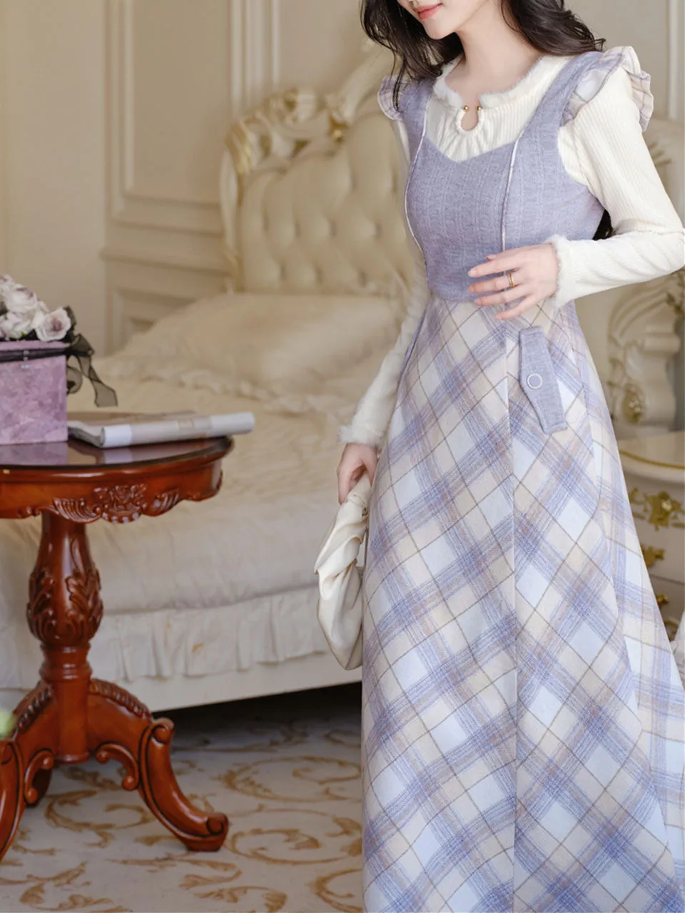 1950s Vintage White Sweater And Purple Plaid Dress Suit