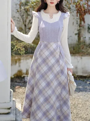 1950s Vintage White Sweater And Purple Plaid Dress Suit