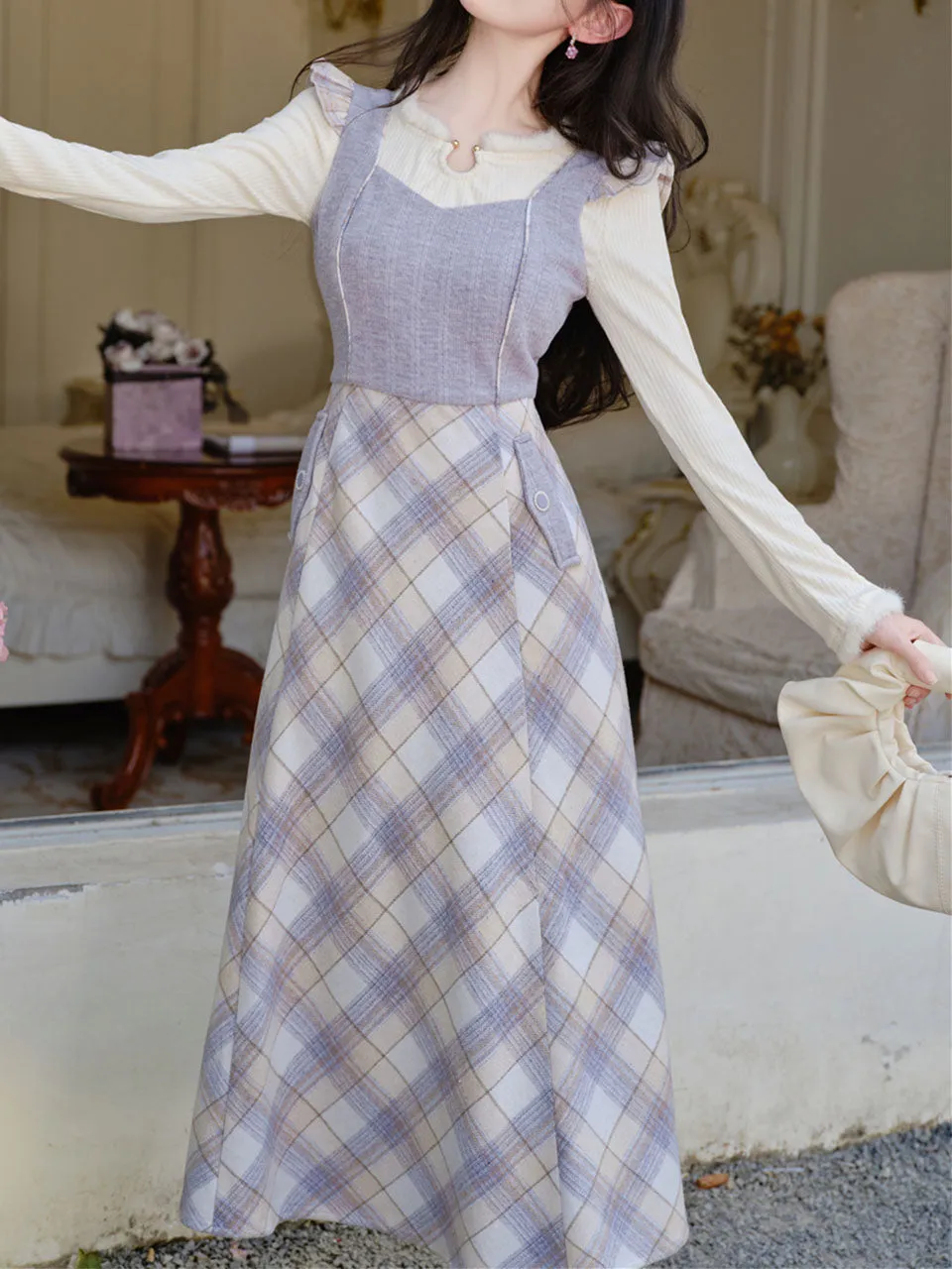 1950s Vintage White Sweater And Purple Plaid Dress Suit