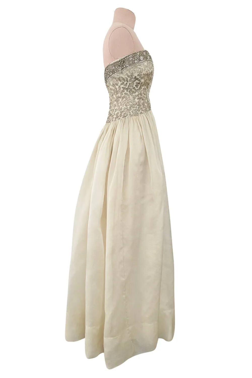 1959-1960 Balenciaga Haute Couture Strapless Ivory Silk Chiffon w Metallic Embroidery