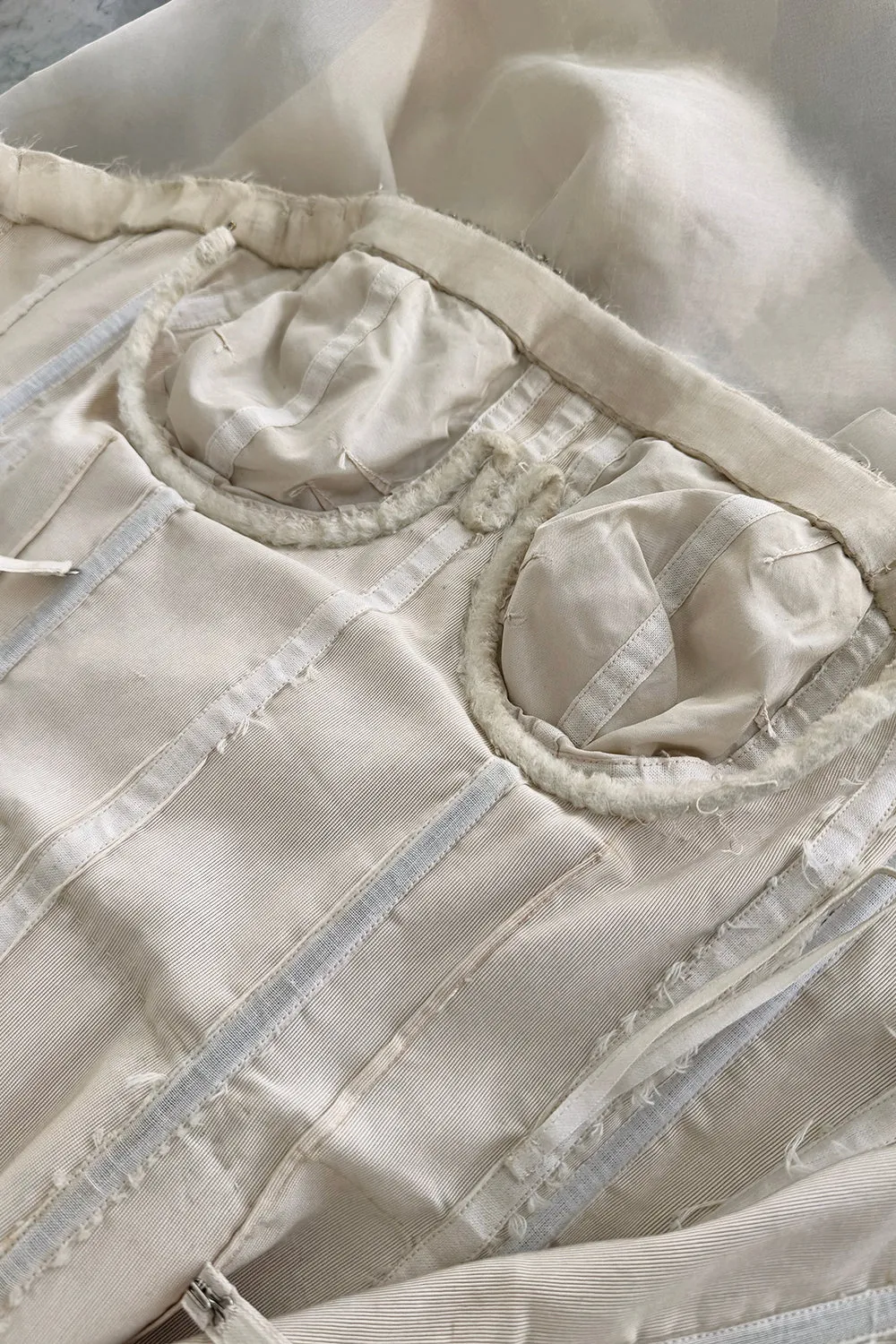 1959-1960 Balenciaga Haute Couture Strapless Ivory Silk Chiffon w Metallic Embroidery
