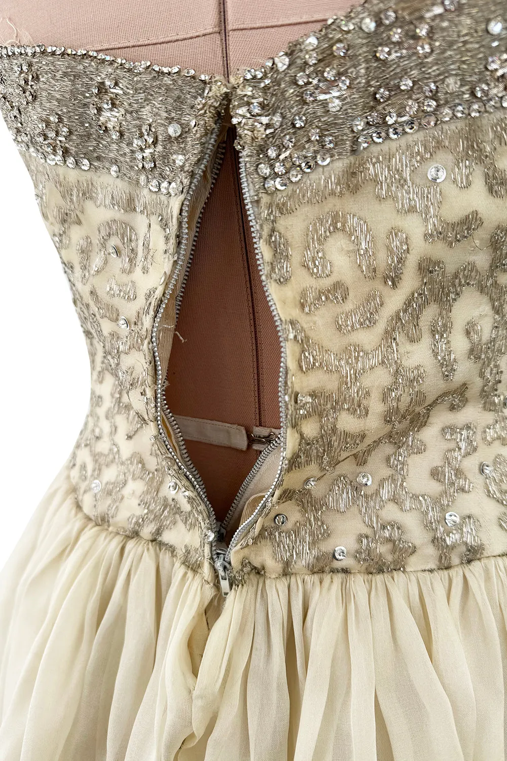 1959-1960 Balenciaga Haute Couture Strapless Ivory Silk Chiffon w Metallic Embroidery