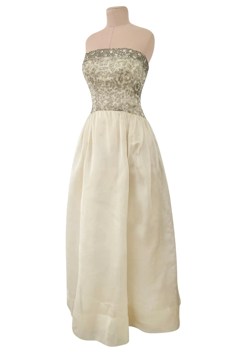 1959-1960 Balenciaga Haute Couture Strapless Ivory Silk Chiffon w Metallic Embroidery