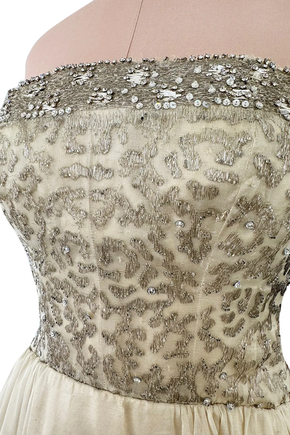 1959-1960 Balenciaga Haute Couture Strapless Ivory Silk Chiffon w Metallic Embroidery