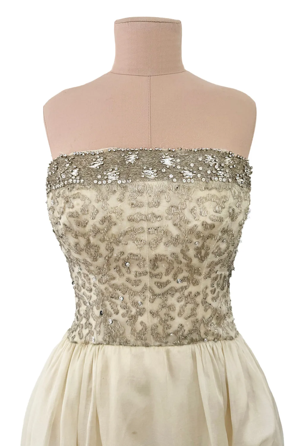 1959-1960 Balenciaga Haute Couture Strapless Ivory Silk Chiffon w Metallic Embroidery