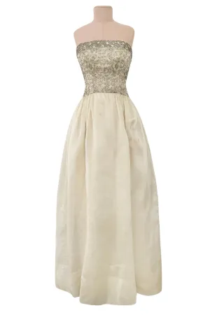 1959-1960 Balenciaga Haute Couture Strapless Ivory Silk Chiffon w Metallic Embroidery