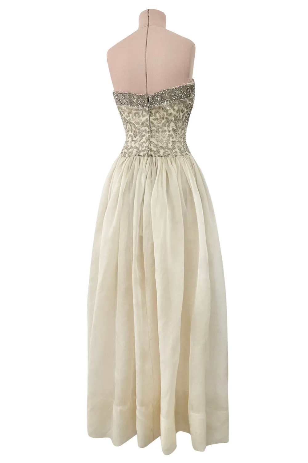 1959-1960 Balenciaga Haute Couture Strapless Ivory Silk Chiffon w Metallic Embroidery