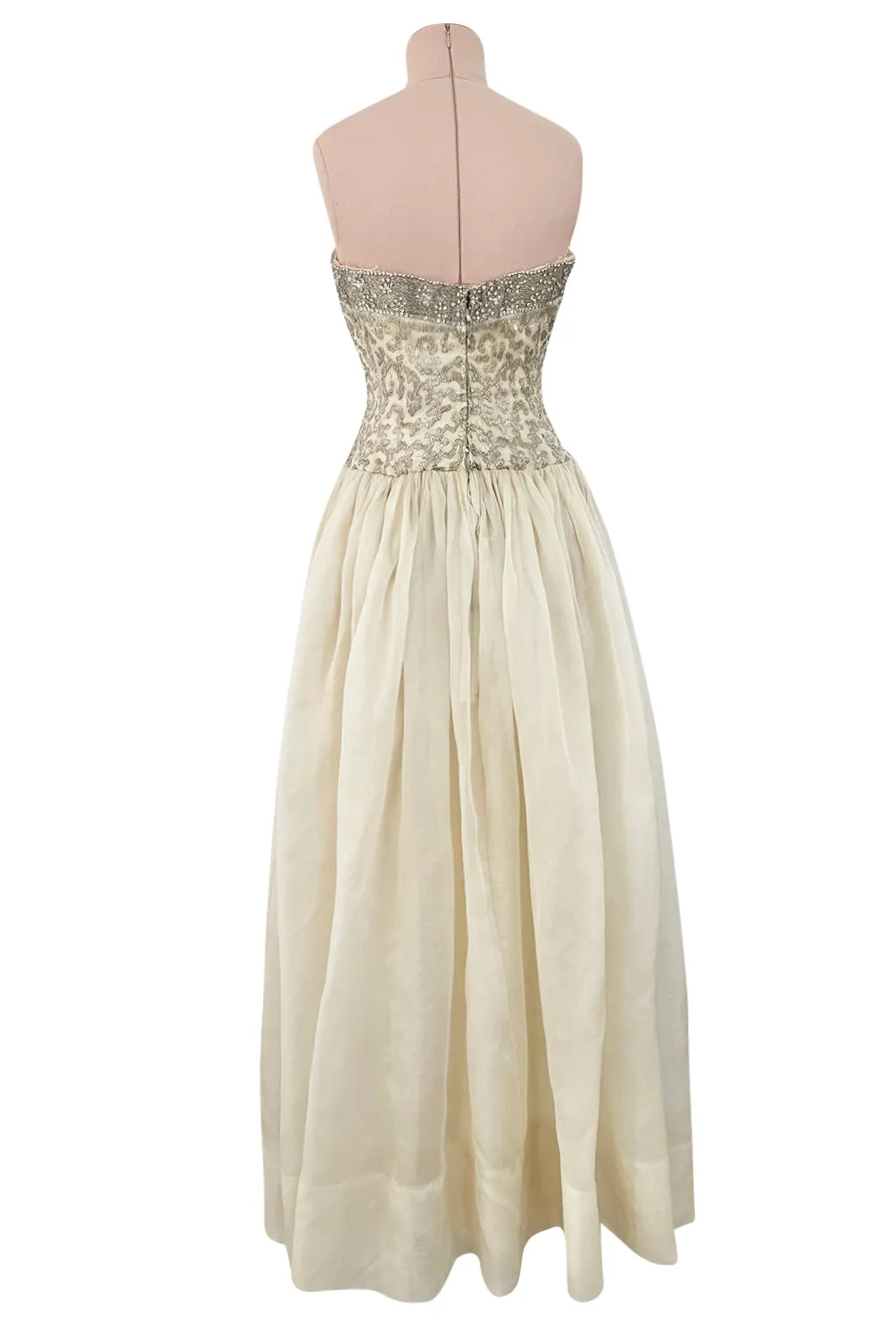 1959-1960 Balenciaga Haute Couture Strapless Ivory Silk Chiffon w Metallic Embroidery