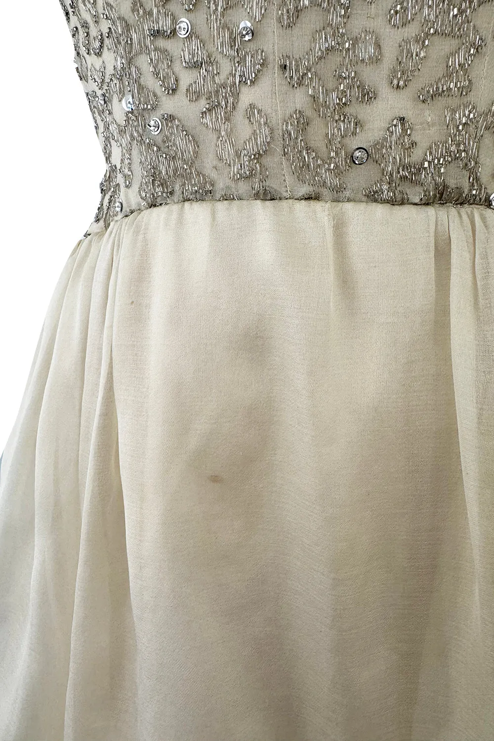 1959-1960 Balenciaga Haute Couture Strapless Ivory Silk Chiffon w Metallic Embroidery