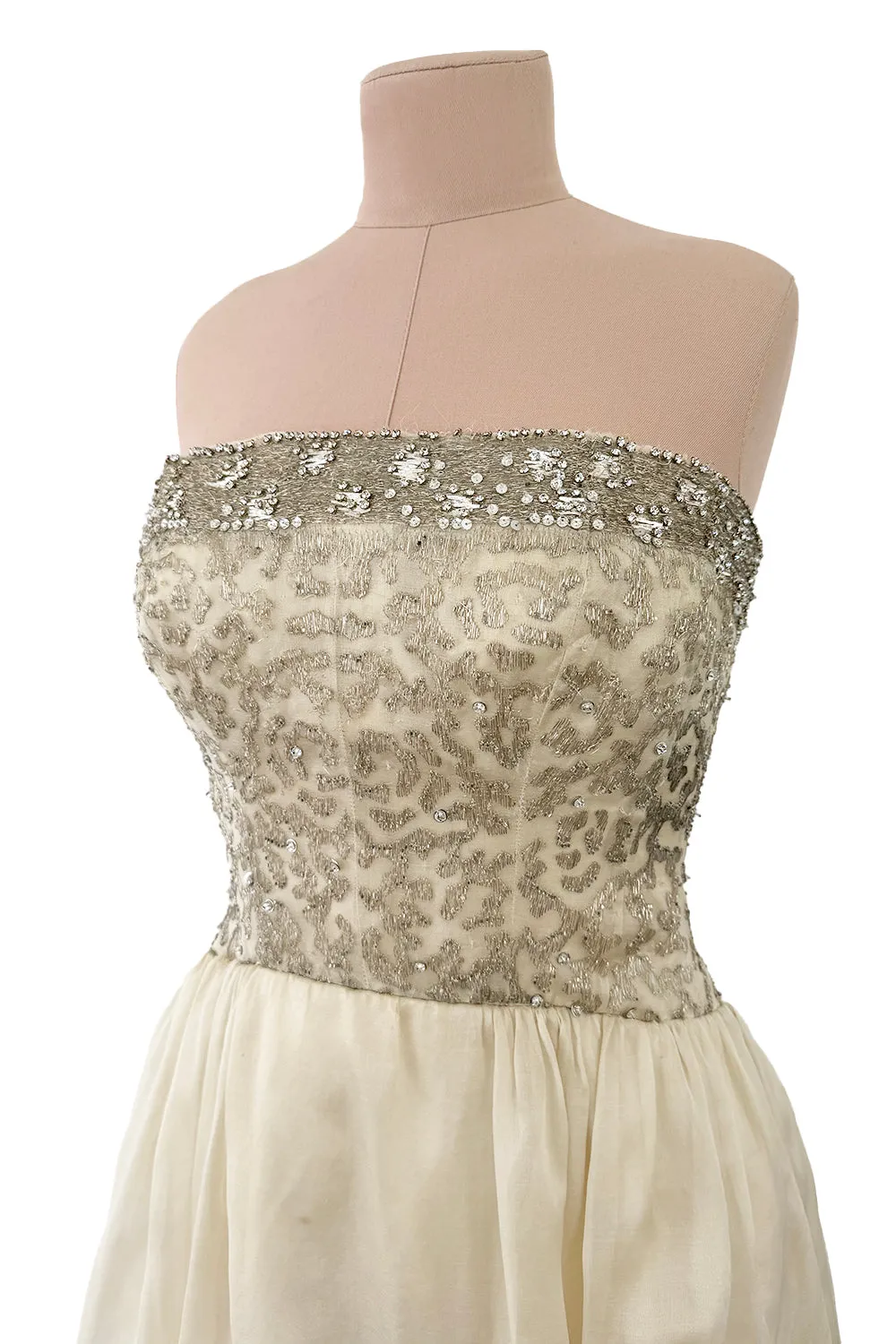 1959-1960 Balenciaga Haute Couture Strapless Ivory Silk Chiffon w Metallic Embroidery