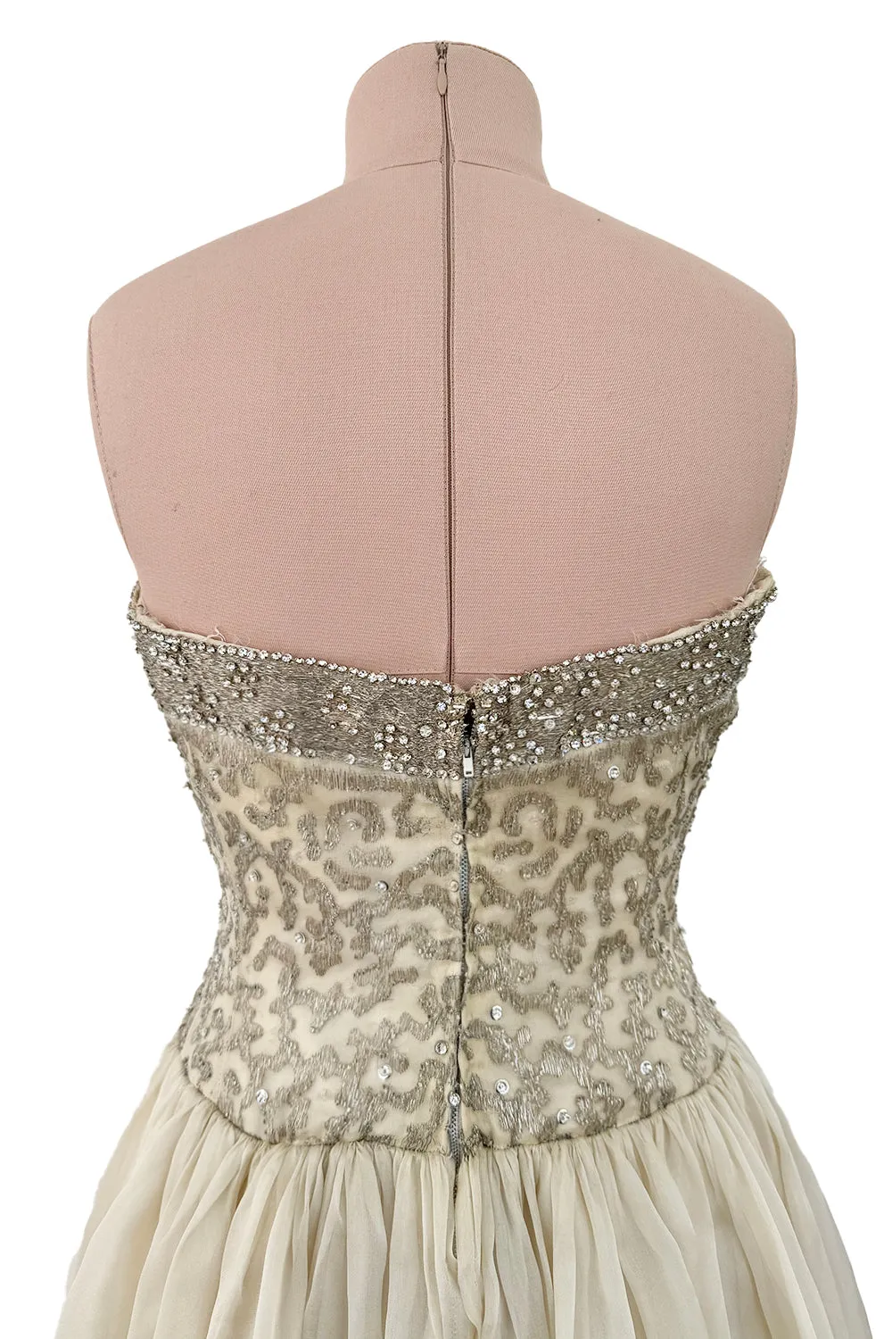 1959-1960 Balenciaga Haute Couture Strapless Ivory Silk Chiffon w Metallic Embroidery