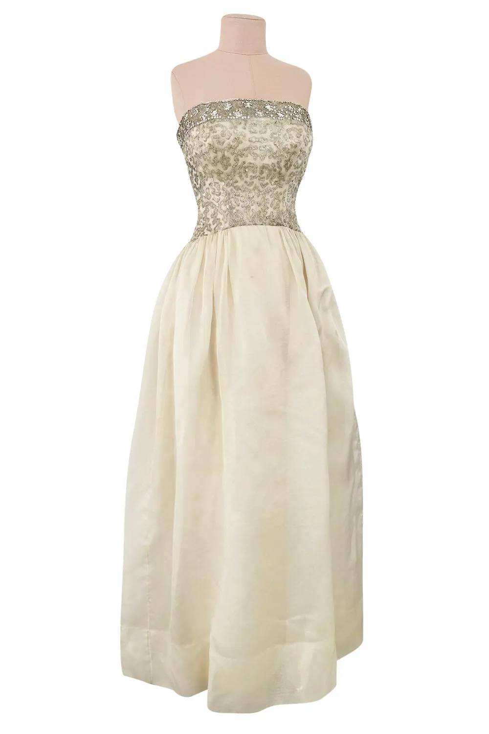 1959-1960 Balenciaga Haute Couture Strapless Ivory Silk Chiffon w Metallic Embroidery