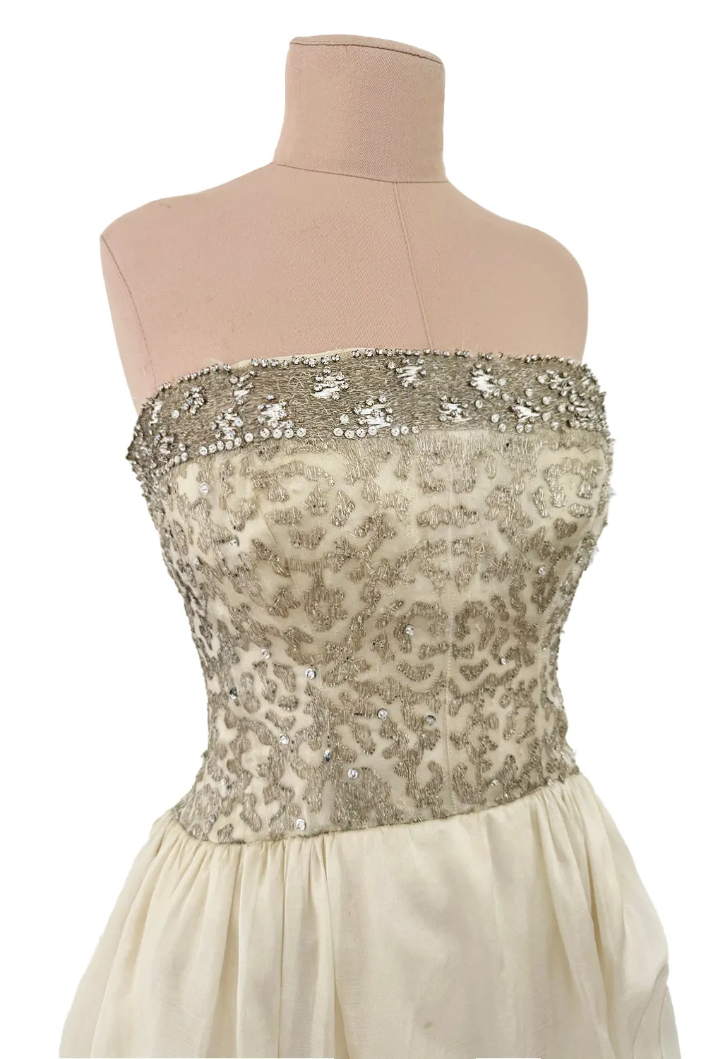 1959-1960 Balenciaga Haute Couture Strapless Ivory Silk Chiffon w Metallic Embroidery