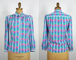 1970's Rainbow Chevron Secretary Bow Blouse, Size M