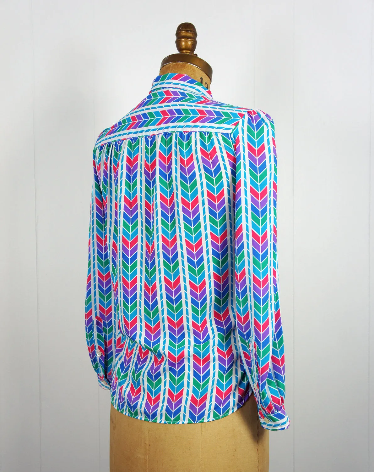 1970's Rainbow Chevron Secretary Bow Blouse, Size M