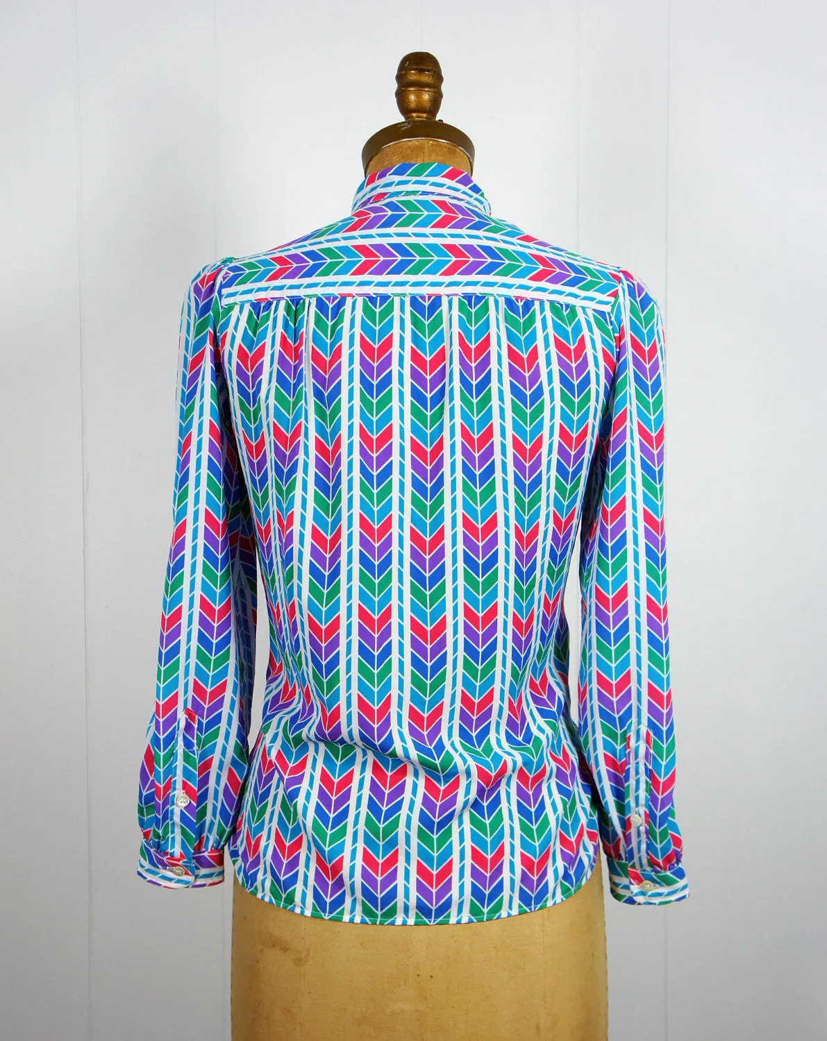 1970's Rainbow Chevron Secretary Bow Blouse, Size M