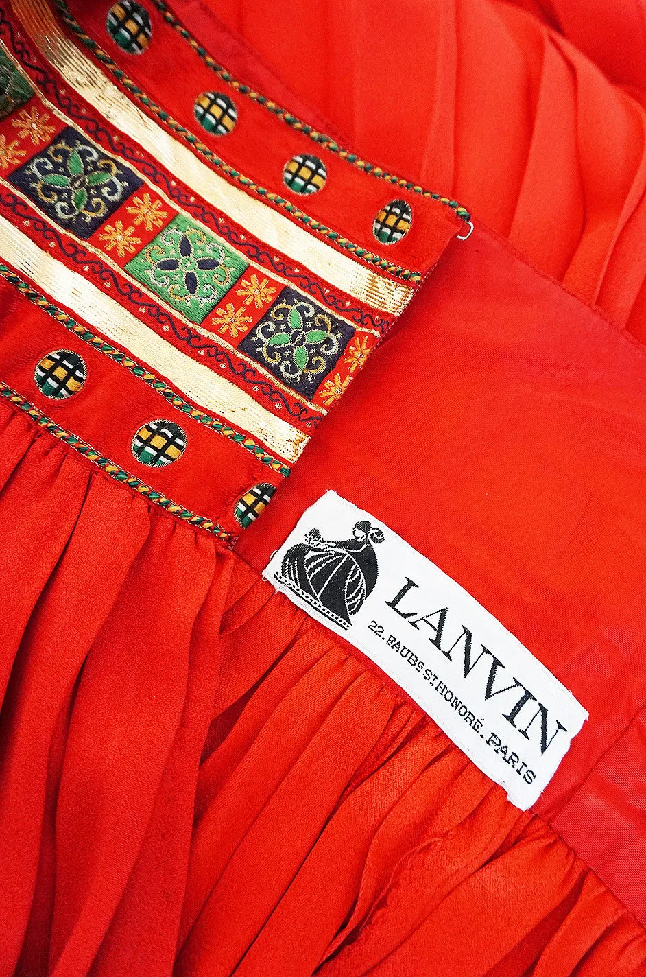 1970s Red Lanvin Demi-Couture Pleat & Silk Brocade Skirt