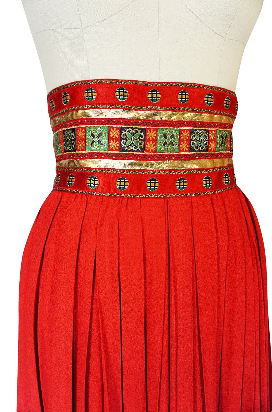 1970s Red Lanvin Demi-Couture Pleat & Silk Brocade Skirt