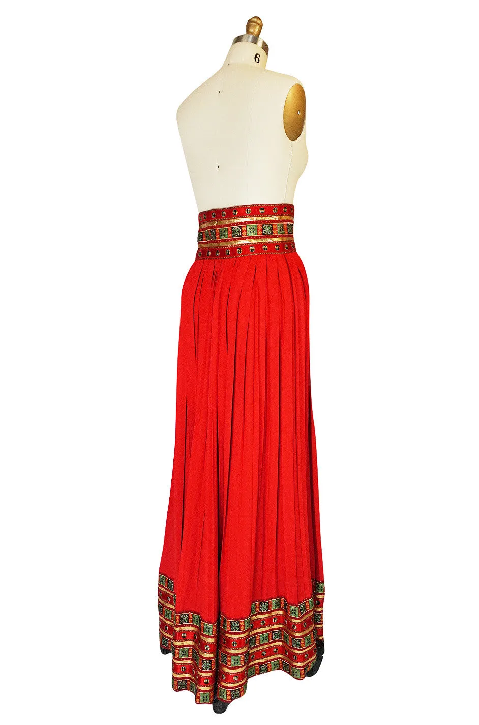 1970s Red Lanvin Demi-Couture Pleat & Silk Brocade Skirt